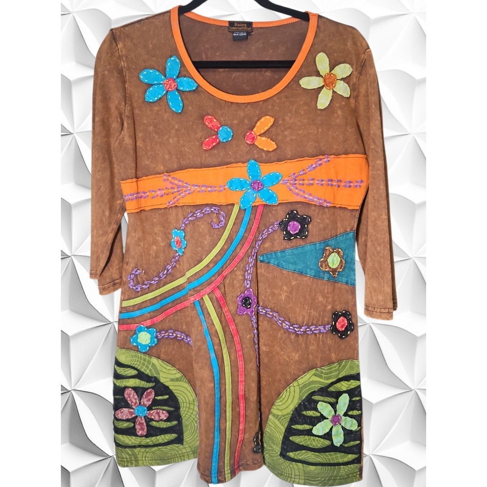 Rising International Brown Acid Wash Floral Applique Tunic Top Made in Nepal